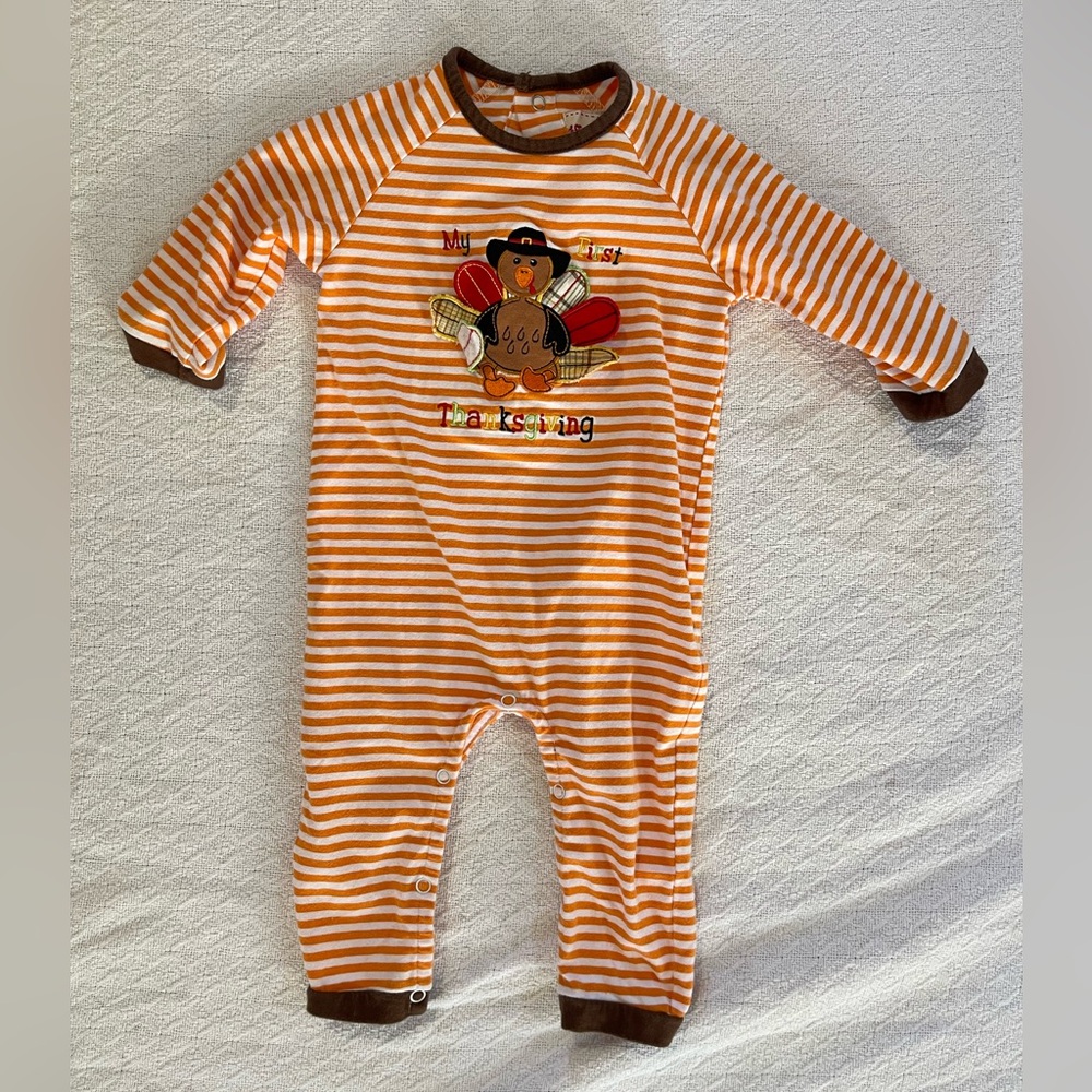 Toffee Apple My First Thanksgiving Orange and White Romper with Turkey Appliqué